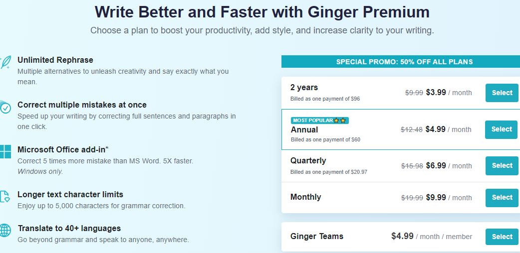 The Ginger grammar checker pricing page