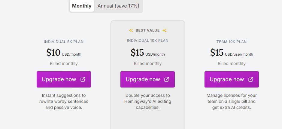 The Hemingway grammar checker pricing page