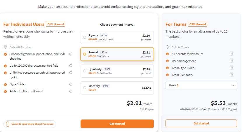 The LanguageTool grammar checker pricing page