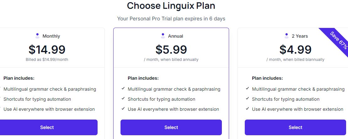 The Linguix grammar checker pricing page