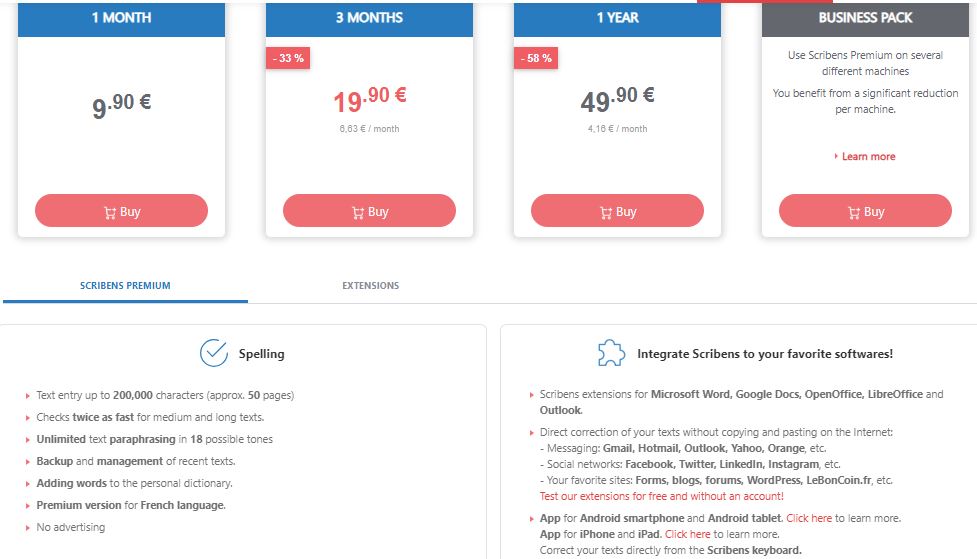 The Scribens grammar checker pricing page