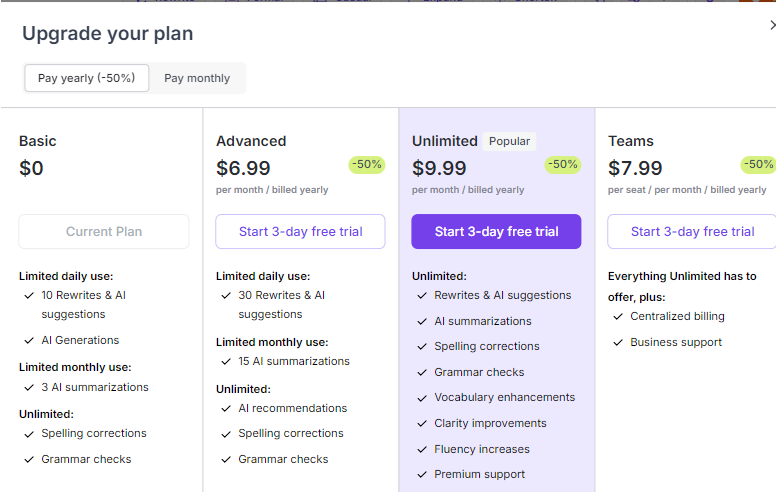 The Wordtune grammar checker pricing page