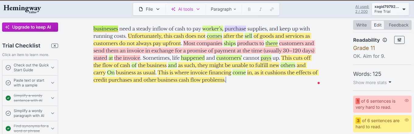 Testing the free Hemingway grammar checker